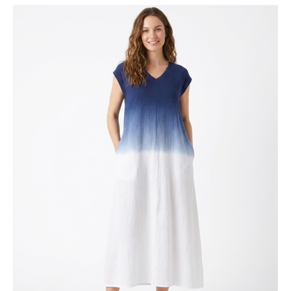 Lands‎ End Ombre V Neck Cap Sleeve Maxi Dress Womens L Blue White Coastal Casual